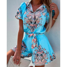 Vintage Tribal Print Puff Sleeve Top & Belted Shorts Set - blue