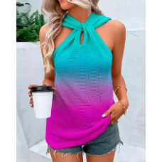 Waffle Knit Asymmetrical Neck Tank Top - Multicolor