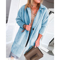 Warm Khaki Solid Fluffy Open Front Long Coat - blue