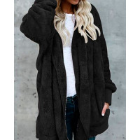 Warm Solid Pocket Design Hoodies Fluffy Coat - black