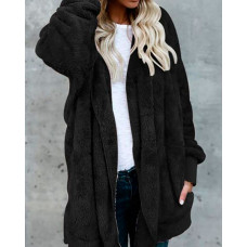 Warm Solid Pocket Design Hoodies Fluffy Coat - black