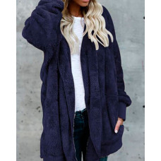 Warm Solid Pocket Design Hoodies Fluffy Coat - dark blue