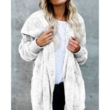 Warm Solid Pocket Design Hoodies Fluffy Coat - white