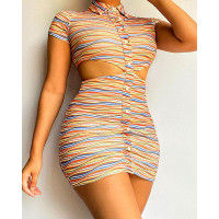 Wave Striped Cutout Waist Buttoned Bodycon Dress - Multicolor