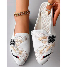 White Crane Embroidery Slip On Mules - white