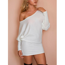 White Skew Neck Batwing Sleeve Casual Blouse - white