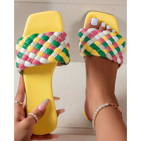 Wide Braided Strap Square Toe Slippers - yellow