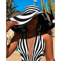 Wide Brim Striped Colorblock Straw Hat - black