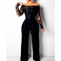 Wide Leg Lace Bodice Belted Jumpsuit - black