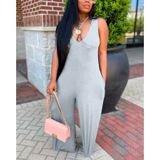 Wide Leg Pocket Design Sleeveless Jumpsuit - gray