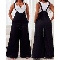 Wide Leg Pocket Design Suspender Jumpsuit - black