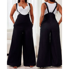 Wide Leg Pocket Design Suspender Jumpsuit - black