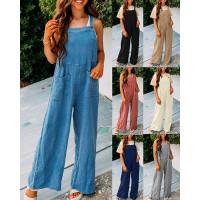 Wide Leg Pocket Design Suspender Jumpsuit - blue