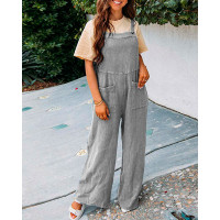 Wide Leg Pocket Design Suspender Jumpsuit - gray