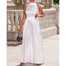 Wide Leg Sleeveless Mock Neck Satin Jumpsuit - white