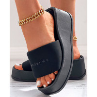 Wide Strap Soft Platform Wedge Slippers - black