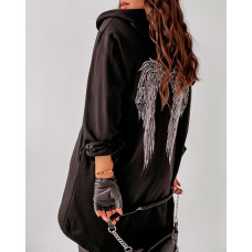 Wings Embroidery Zipper Design Hooded Coat - black