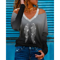 Wings Print Long Sleeve Cold Shoulder Top - black