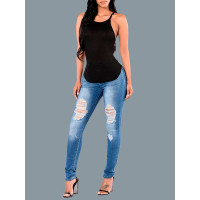 Women Ripped Skinny Blue Jeans - blue