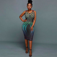 Women Sexy V-Neck Stripe Print Slim Fit Sleeveless Bodycon Dress - black&Light Blue