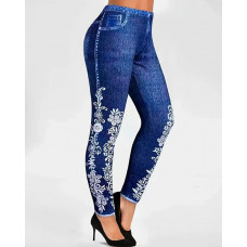 Women's Faux Denim Printed High Waist Leggings - blue