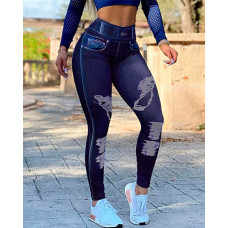 Women's Leggings Faux Denim Printed High Waist Butt Lift Active Pants - blue