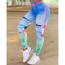 Women's Leggings Faux Denim Printed High Waist Skinny Active Pants - blue