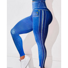 Women's Leggings Faux Denim Printed High Waist Tummy Control Yoga Pants - blue