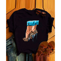 Women's Leopard Graphic Print Short Sleeve T-shirt - black