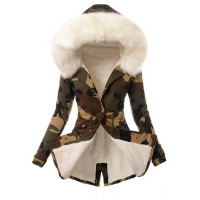 Women's Parka Casual Winter Long Coat Camouflage Print Drawstring Buttoned Lined Hooded Fur Collar Jacket - white