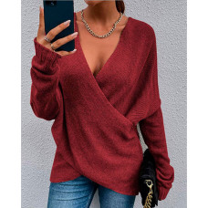 Wrap Front Long Sleeve V-Neck Sweater - red