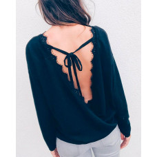 Wrapped Lace Open Back Casual Blouse - black