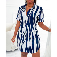 Zebra Stripe Print Button Front Shirt Dress - blue