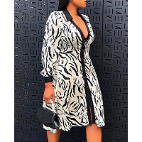 Zebra Stripe Print Buttoned Shirt Dress - black