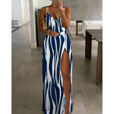 Zebra Stripe Print Chain Strap High Slit Maxi Dress - blue