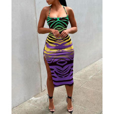 Zebra Stripe Print Cisscross Backless High Slit Party Dress - Multicolor