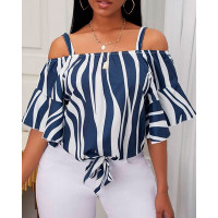 Zebra Stripe Print Cold Shoulder Bell Sleeve Top - blue