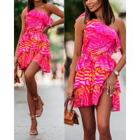 Zebra Stripe Print One Shoulder Ruffle Hem Layered Dress - hot pink