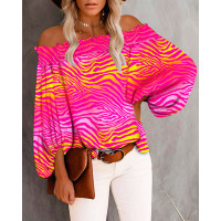 Zebra Stripe Print Shirred Off Shoulder Top - hot pink