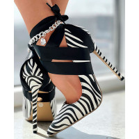 Zebra Stripe Tied Detail Stiletto Heel Pumps - blackwhite