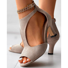 Zip Back Peep Toe Heeled Sandals - Apricot