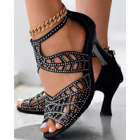 Zip Back Rhinestone Cutout Peep Toe Dance Heels - black