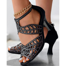 Zip Back Rhinestone Cutout Peep Toe Dance Heels - black