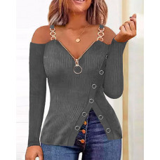 Zip Detail Cold Shoulder Top - gray