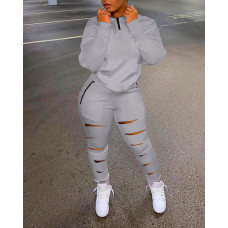 Zip Detail Long Sleeve Top & Ladder Cutout Pants Set - gray