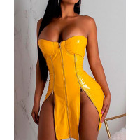 Zip Detail Slit Tube PU Dress - yellow