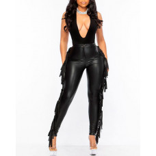 Zip Fly Fringe Trim High Waist PU Leather Pants - black