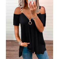 Zip Front Chain Strap Cold shoulder Top - black