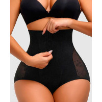 Zip Front Lace Tummy Control Body Shapewear Butt Lifter Slip Shorts - black