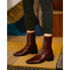 Zip Front Square Toe Chunky Boots - coffee